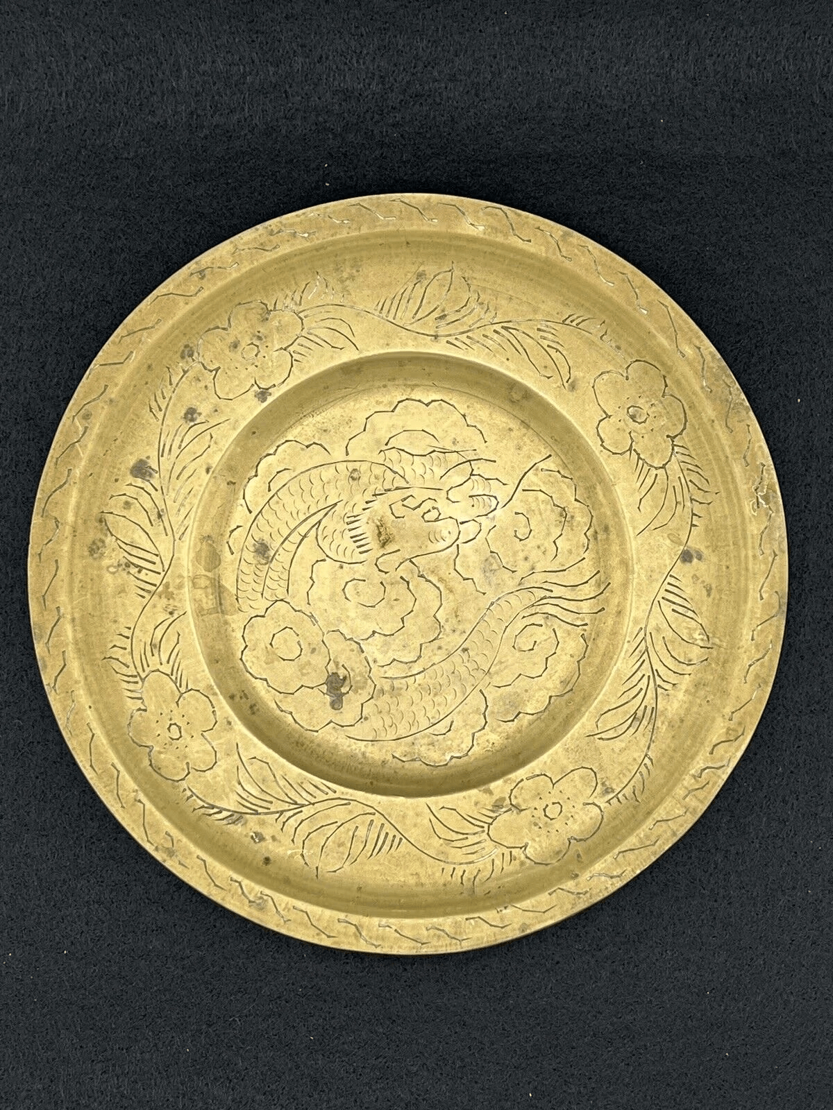 Antique Vintage Chinese Hand Engraved Brass Dragon Plate Dish 8 in. Diameter - That’s My JAmm