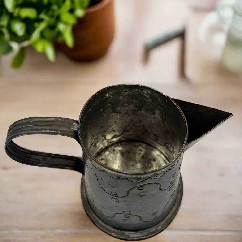 Vintage Tin Pitcher with Etched Design - Antique Kitchen Decor