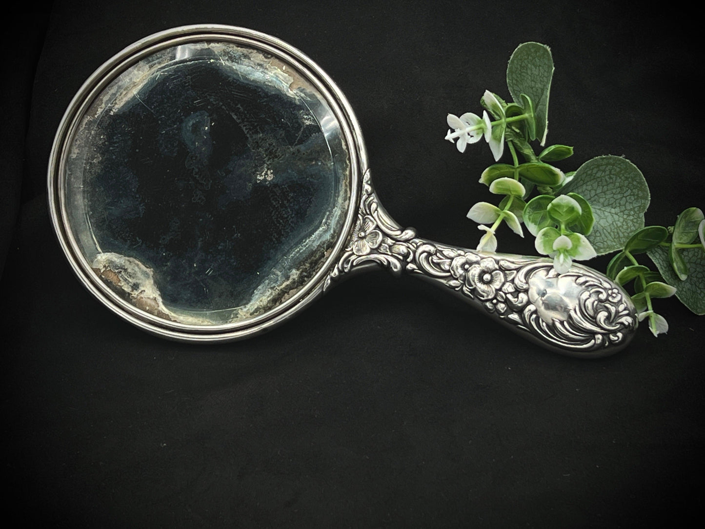 Antique Sterling Silver Handheld Mirror with Ornate Floral Design - That’s My JAmm