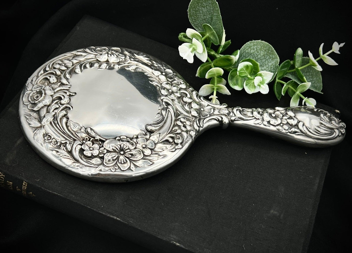 Antique Sterling Silver Handheld Mirror with Ornate Floral Design - That’s My JAmm