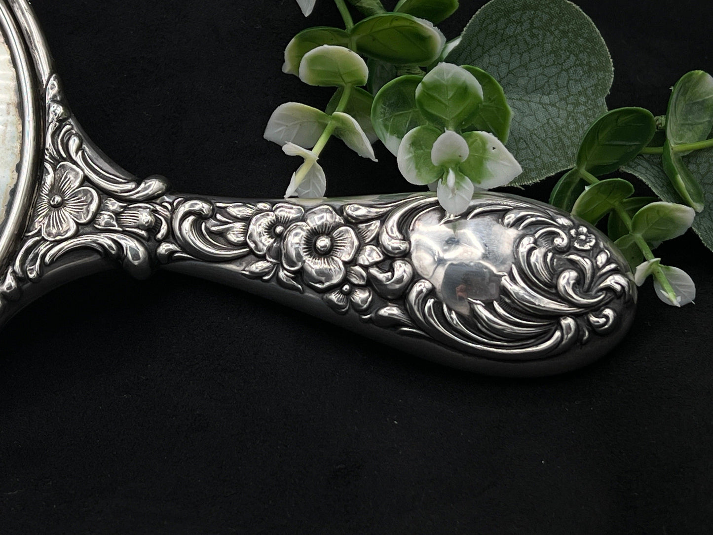Antique Sterling Silver Handheld Mirror with Ornate Floral Design - That’s My JAmm