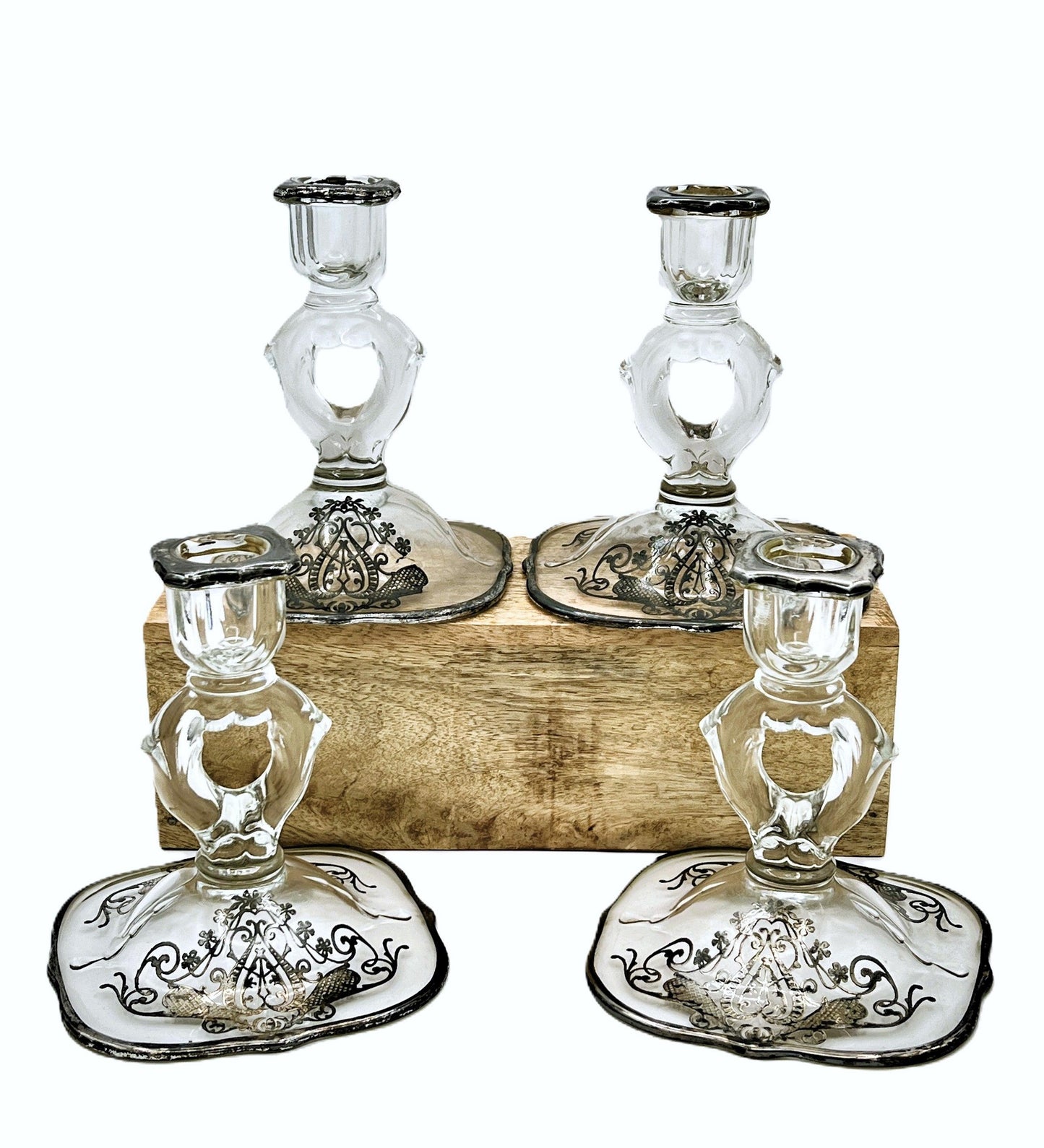 Exquisite Set of 4 Vintage Keyhole Glass Candlesticks with Embossed Silver Bases - That’s My JAmm