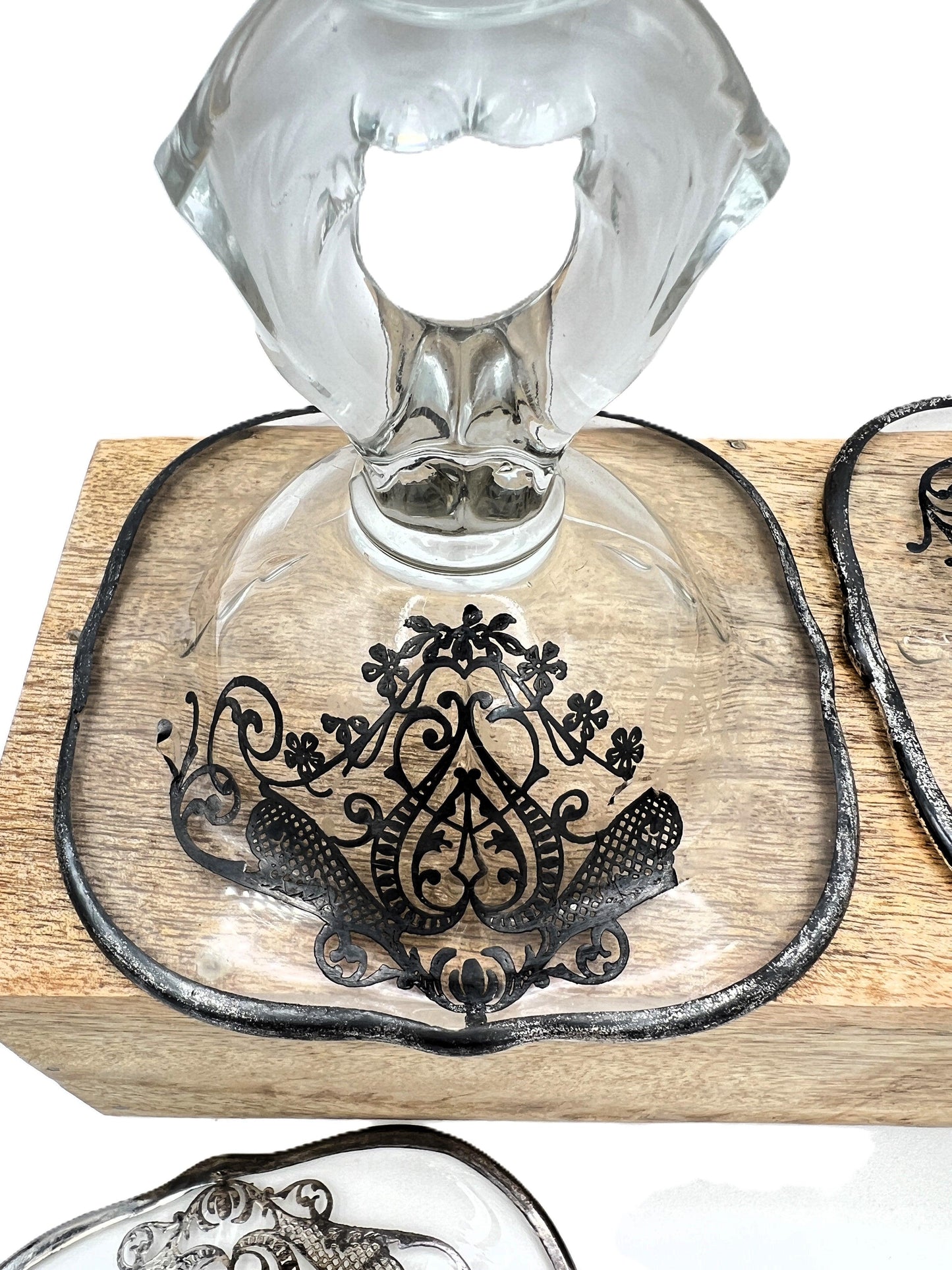 Exquisite Set of 4 Vintage Keyhole Glass Candlesticks with Embossed Silver Bases - That’s My JAmm