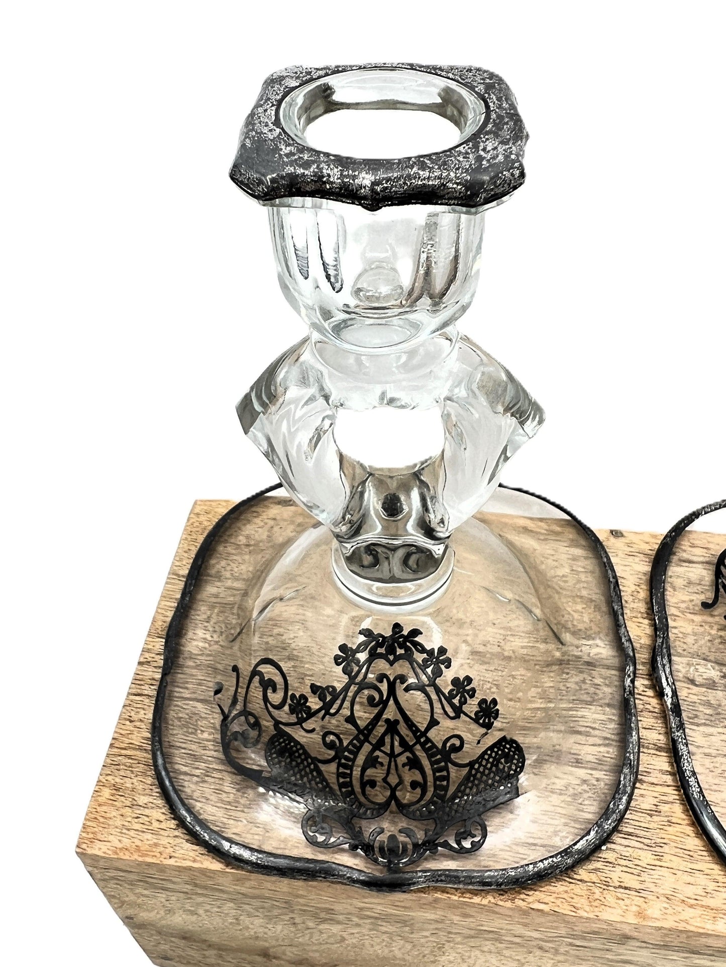 Exquisite Set of 4 Vintage Keyhole Glass Candlesticks with Embossed Silver Bases - That’s My JAmm