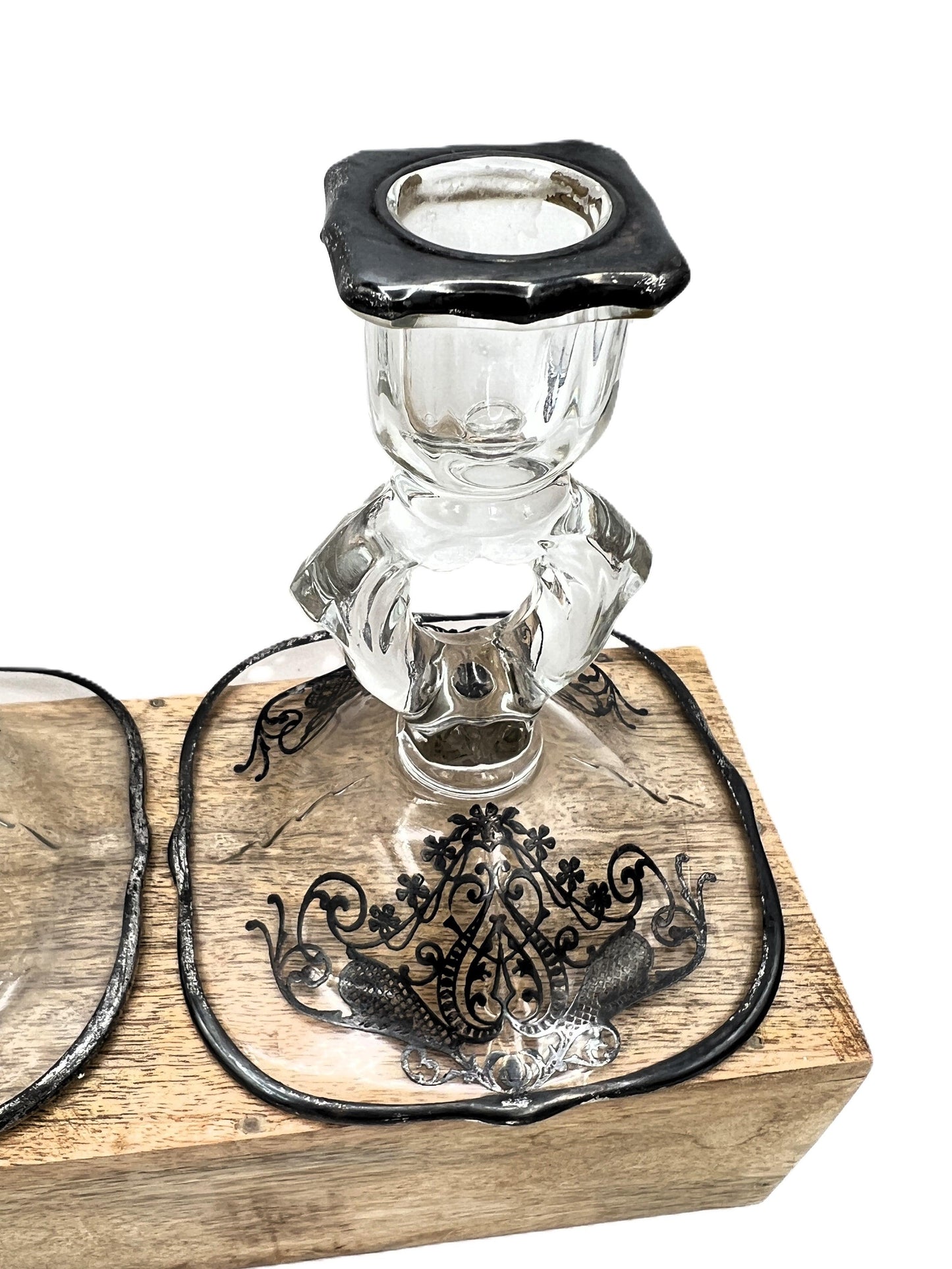 Exquisite Set of 4 Vintage Keyhole Glass Candlesticks with Embossed Silver Bases - That’s My JAmm
