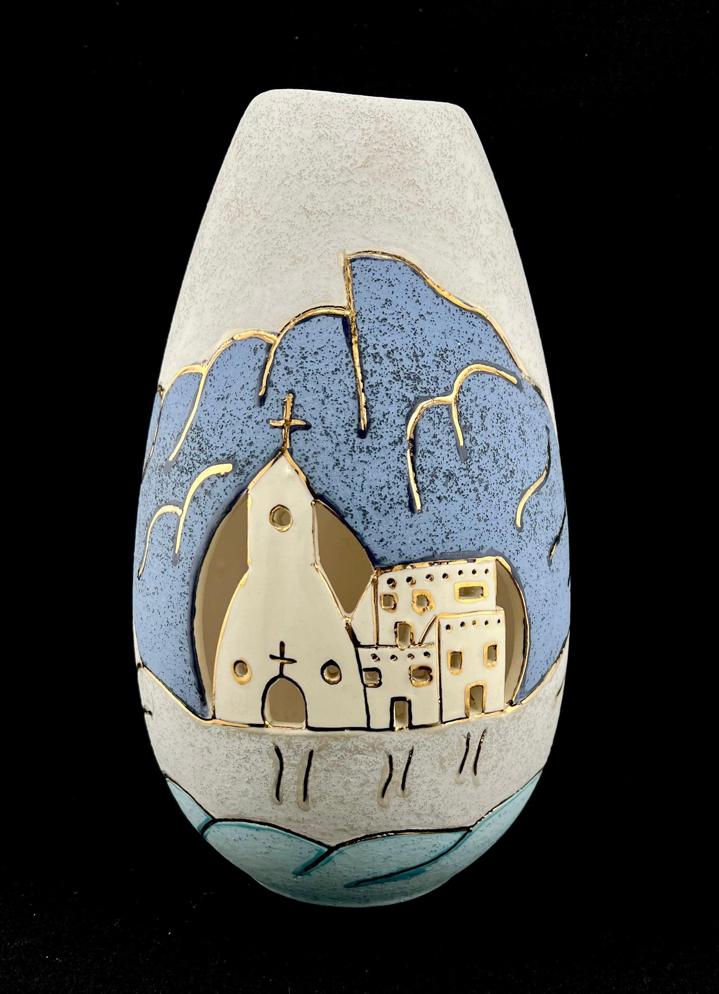 Hand Thrown Southwestern Style Art Pottery 10" Lantern w/ Cutouts & Gold Trim - That’s My JAmm