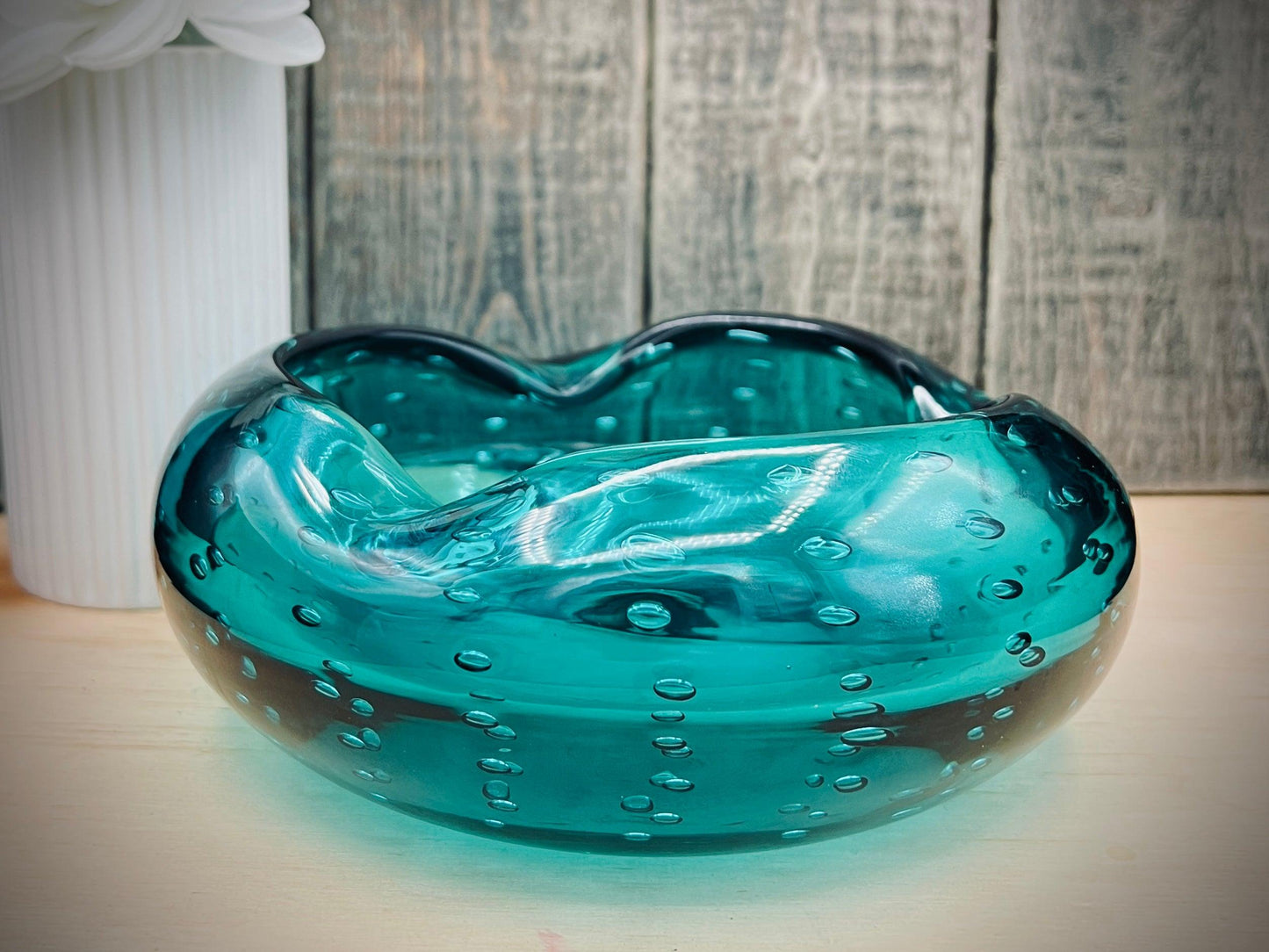 Blenko 1950s Aqua Blue Bullicante Glass Cigar Ashtray - That’s My JAmm