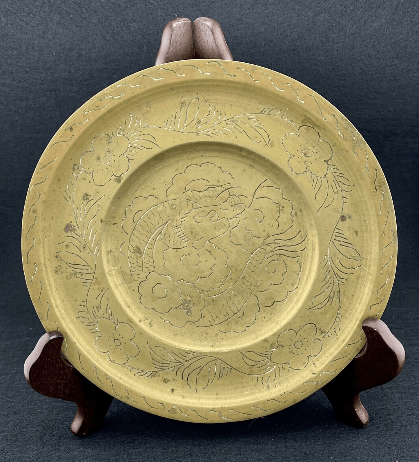 Antique Vintage Chinese Hand Engraved Brass Dragon Plate Dish 8 in. Diameter - That’s My JAmm