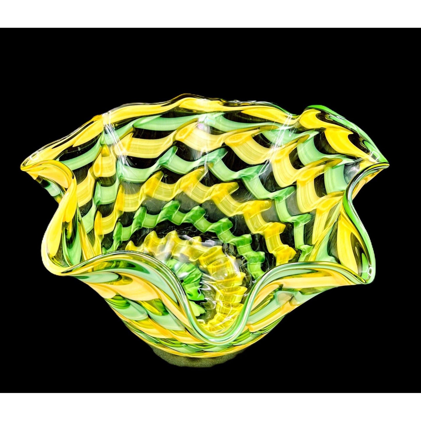 Handblown Midcentury Handkerchief Glass Bowl With Yellow & Green Ribbon Design - That’s My JAmm