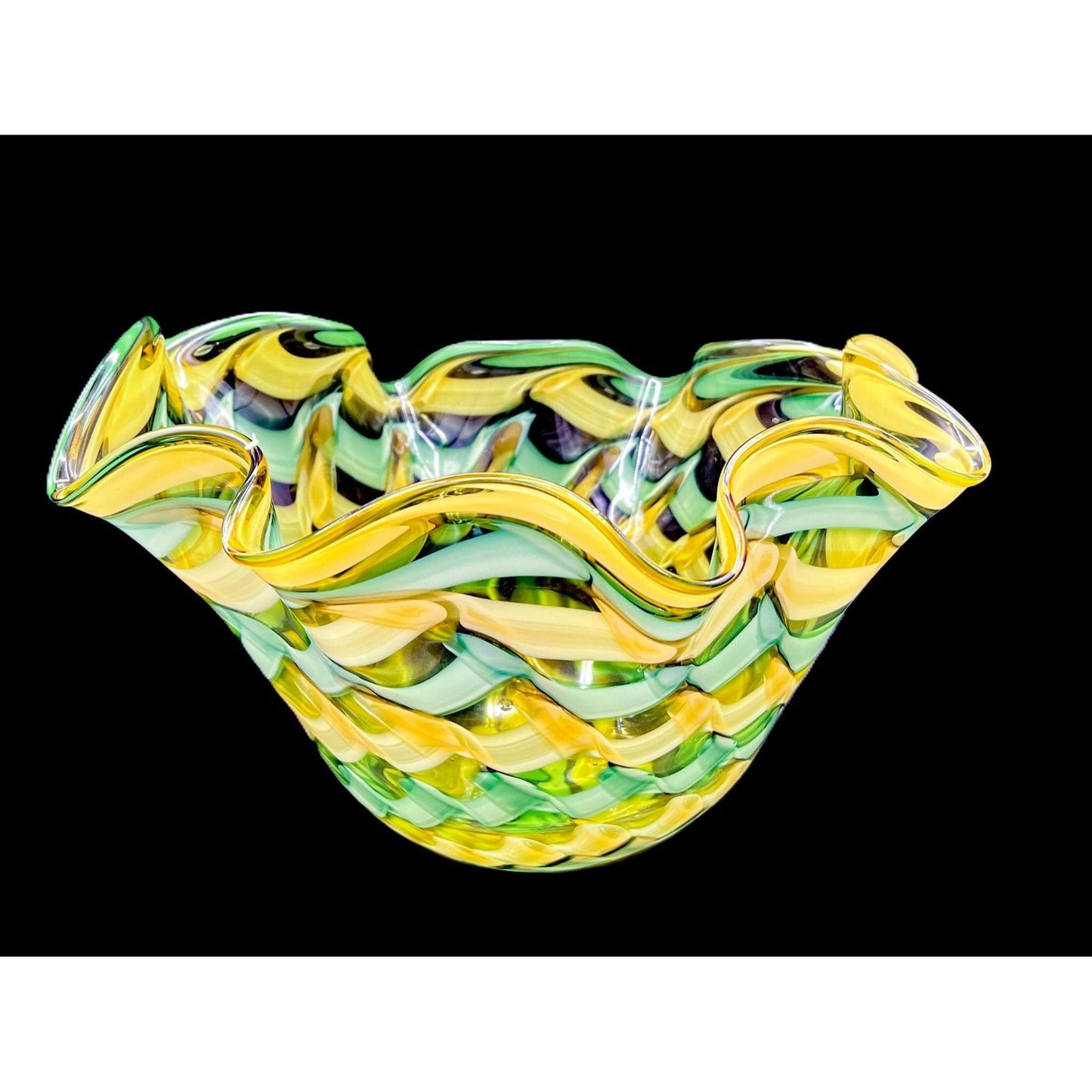 Handblown Midcentury Handkerchief Glass Bowl With Yellow & Green Ribbon Design - That’s My JAmm