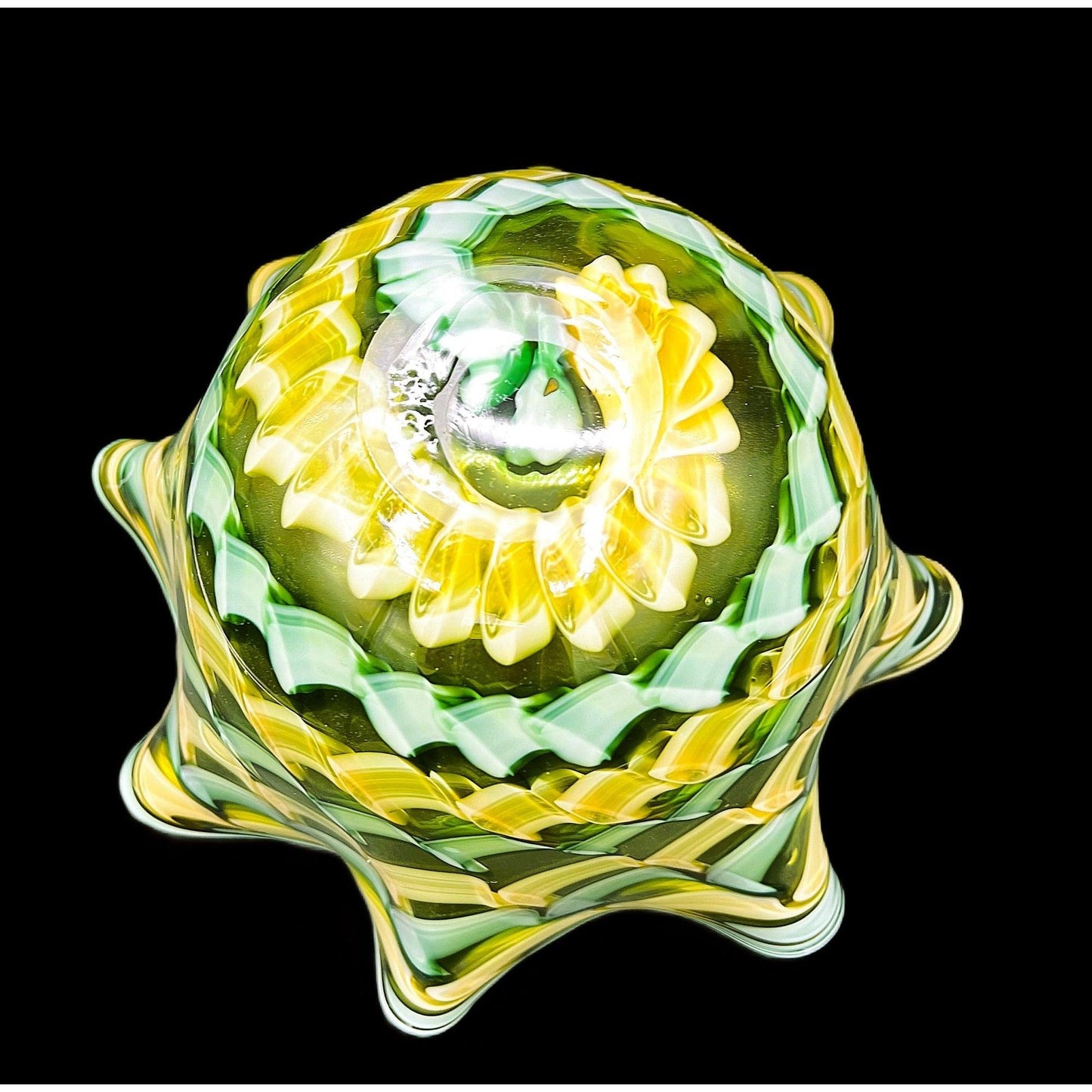 Handblown Midcentury Handkerchief Glass Bowl With Yellow & Green Ribbon Design - That’s My JAmm