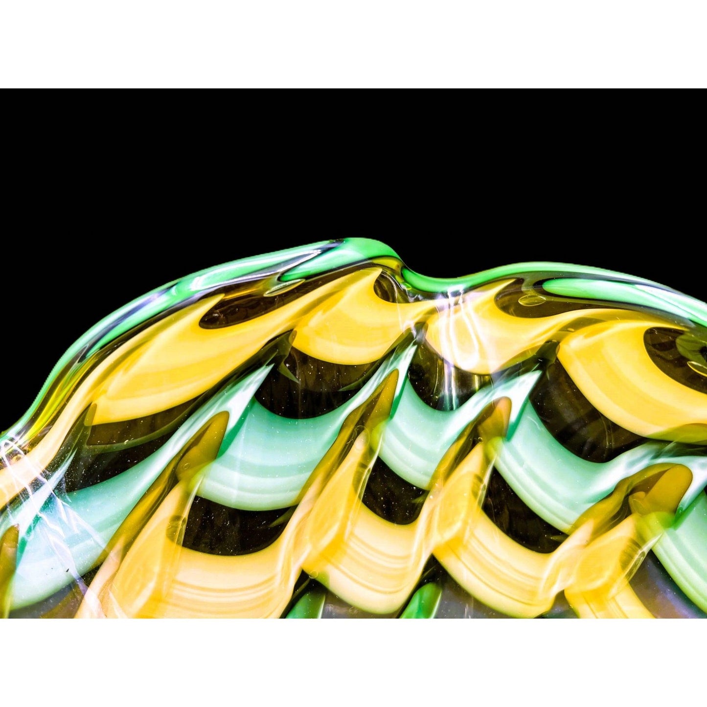 Handblown Midcentury Handkerchief Glass Bowl With Yellow & Green Ribbon Design - That’s My JAmm