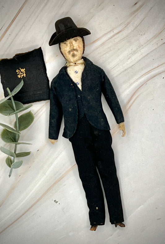 Antique Vintage Doll in Black Suit with Hat - Early 20th Century Collectible - That’s My JAmm