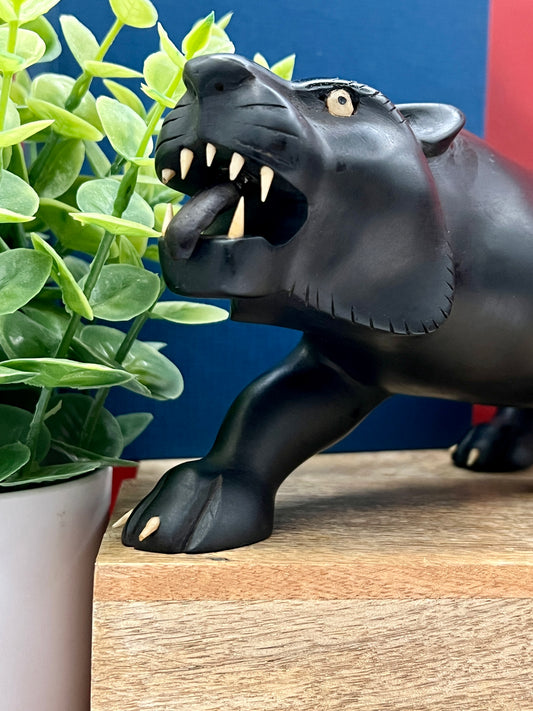 Mid-Century Hand-Carved 11.5” Black Panther Ebony Wood Statue