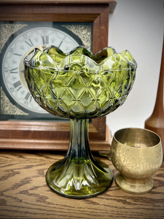 Indiana Glass Green Crimped Edge Duette Quilted Diamond Design Pedestal Bowl - That’s My JAmm