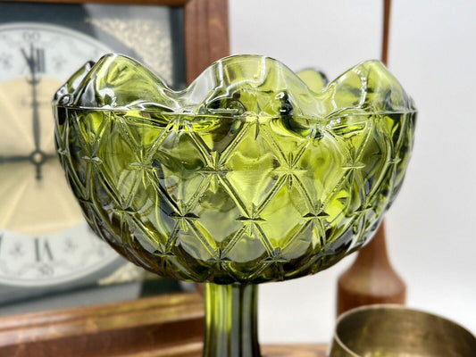 Indiana Glass Green Crimped Edge Duette Quilted Diamond Design Pedestal Bowl - That’s My JAmm