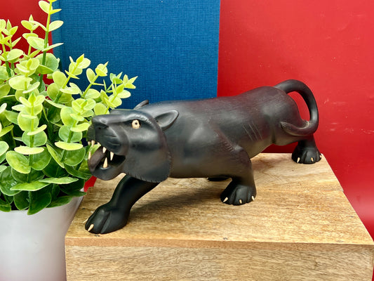 Mid-Century Hand-Carved 11.5” Black Panther Ebony Wood Statue