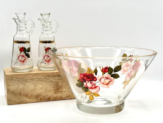 West Virginia Glass Radiant Rose 10.5" Salad Bowl with Oil & Vinegar Cruets - That’s My JAmm