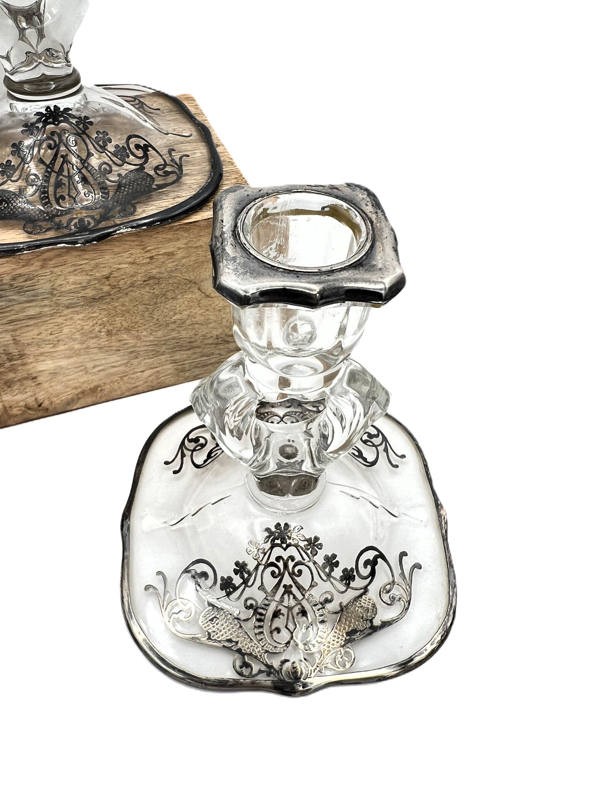 Exquisite Set of 4 Vintage Keyhole Glass Candlesticks with Embossed Silver Bases - That’s My JAmm