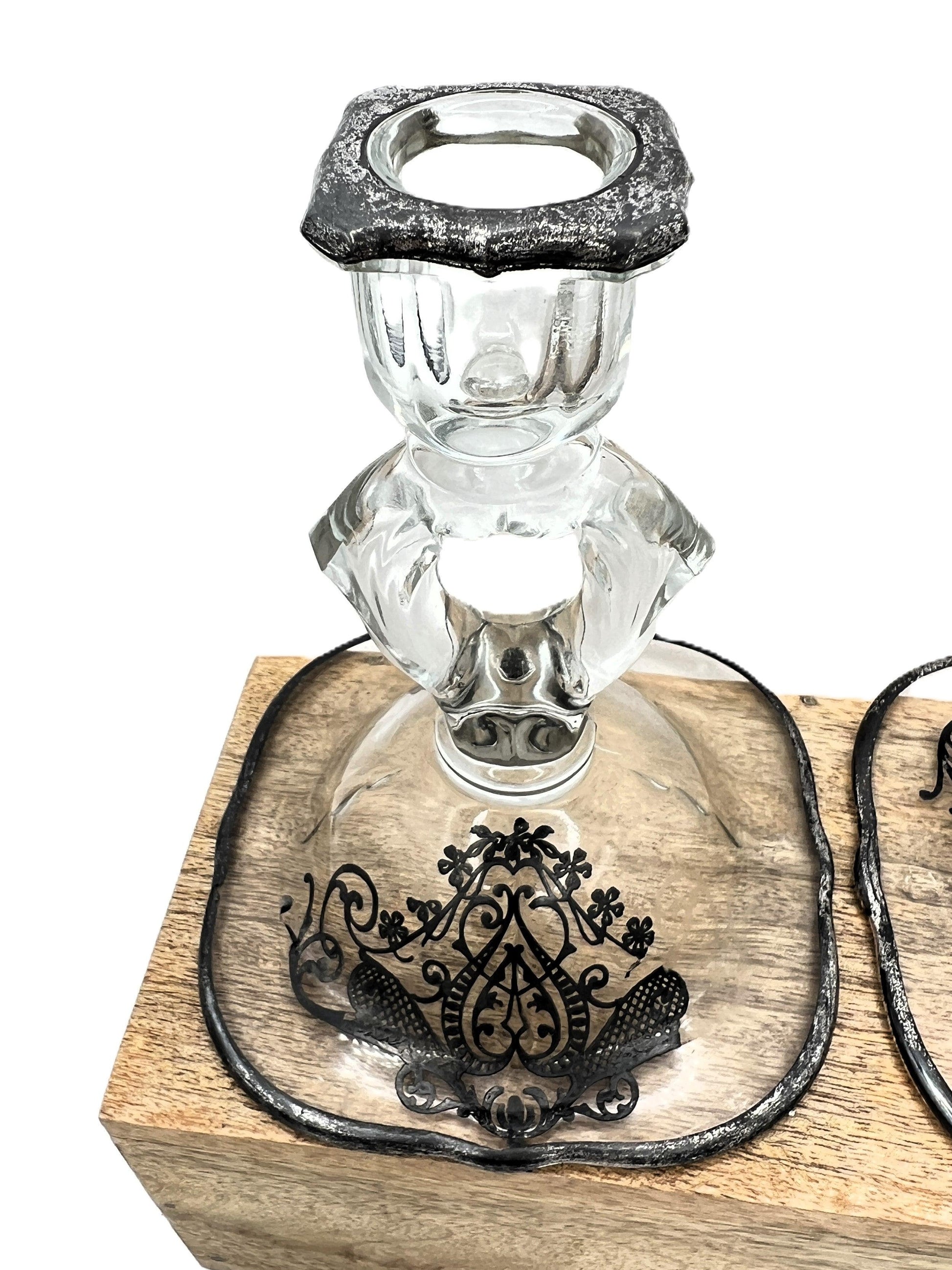 Exquisite Set of 4 Vintage Keyhole Glass Candlesticks with Embossed Silver Bases - That’s My JAmm