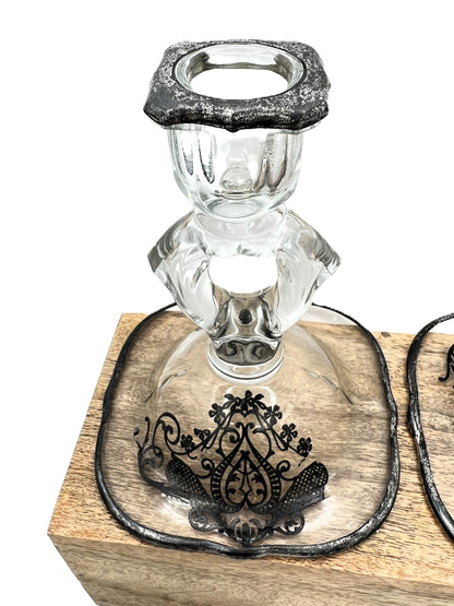 Exquisite Set of 4 Vintage Keyhole Glass Candlesticks with Embossed Silver Bases - That’s My JAmm