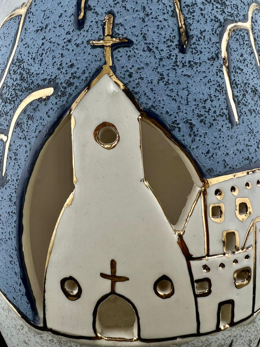 Hand Thrown Southwestern Style Art Pottery 10" Lantern w/ Cutouts & Gold Trim - That’s My JAmm