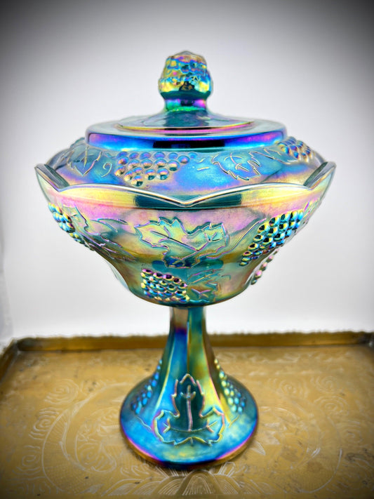 Indiana Blue Harvest Grape Carnival Glass Covered Pedestal Compote Candy Dish - That’s My JAmm