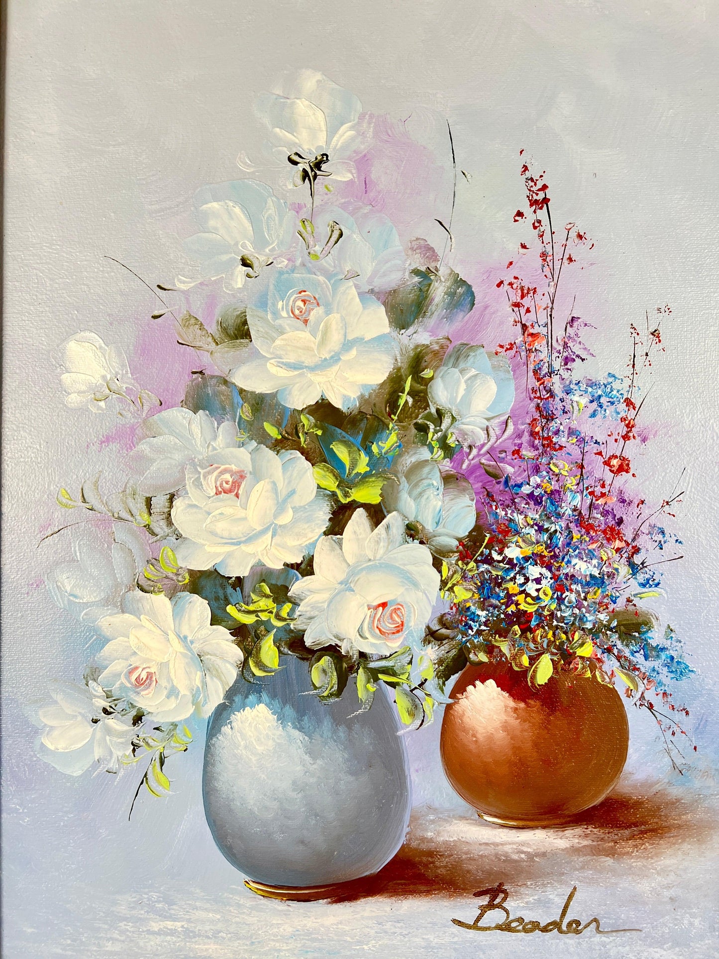 Beader Framed Oil on Canvas of Flowers in a Vase - That’s My JAmm