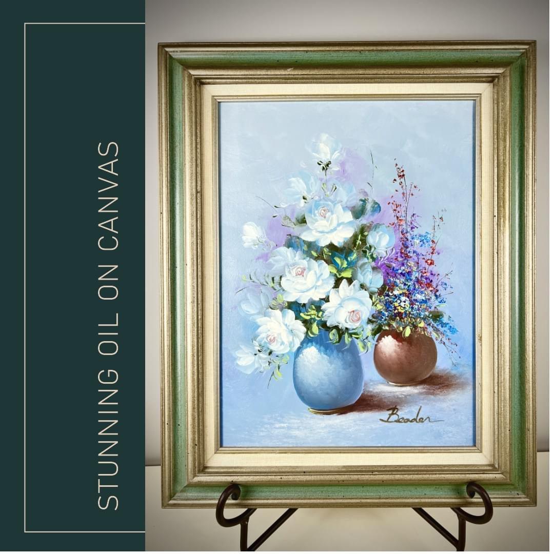 Beader Framed Oil on Canvas of Flowers in a Vase - That’s My JAmm