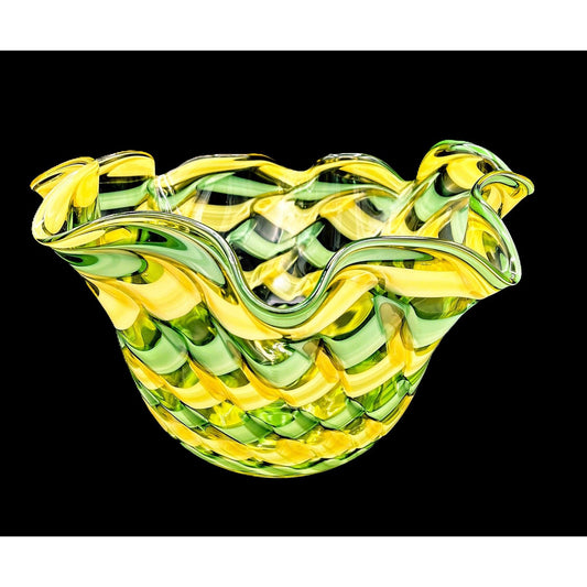 Handblown Midcentury Handkerchief Glass Bowl With Yellow & Green Ribbon Design - That’s My JAmm