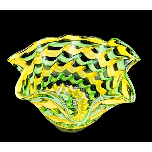Handblown Midcentury Handkerchief Glass Bowl With Yellow & Green Ribbon Design - That’s My JAmm
