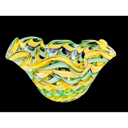 Handblown Midcentury Handkerchief Glass Bowl With Yellow & Green Ribbon Design - That’s My JAmm