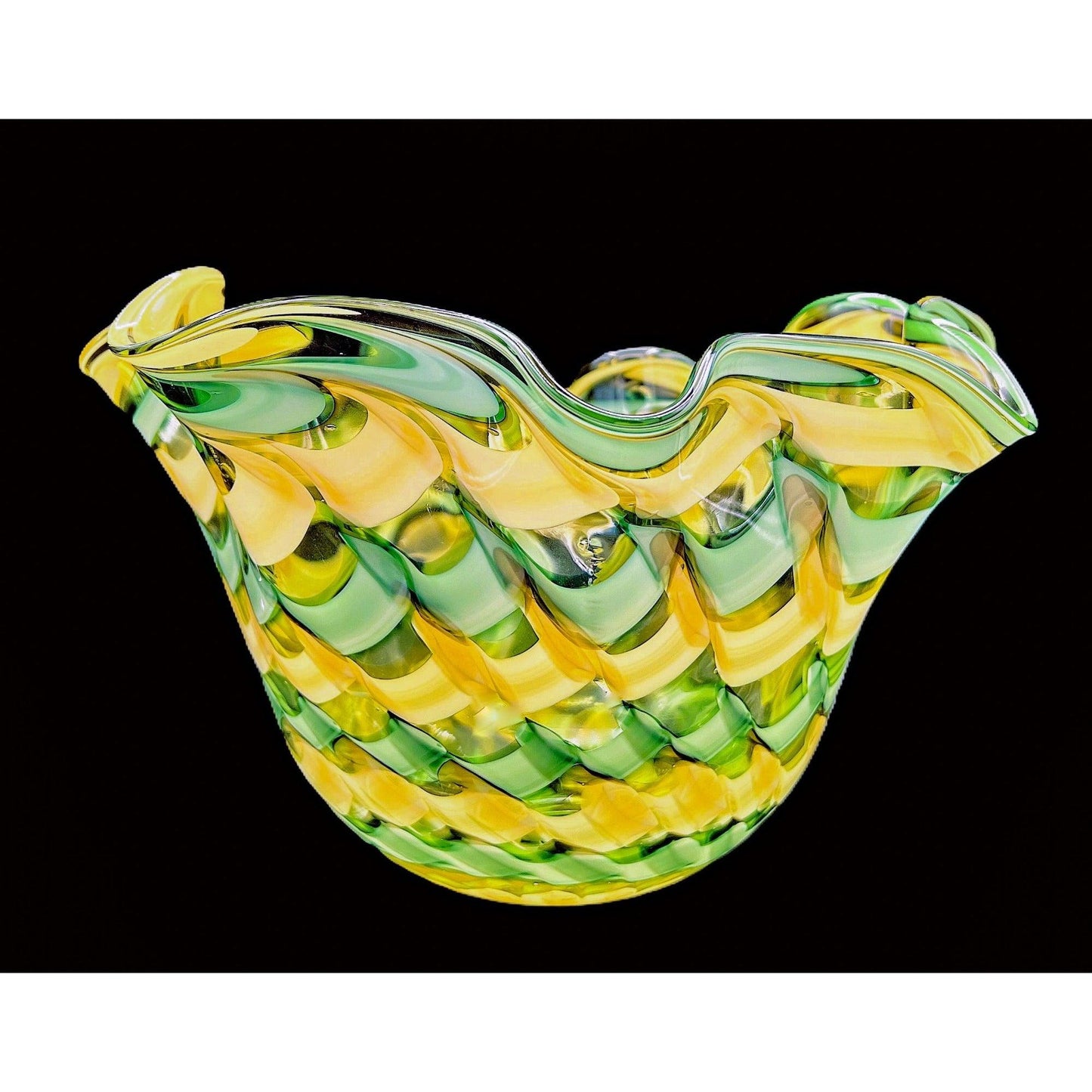 Handblown Midcentury Handkerchief Glass Bowl With Yellow & Green Ribbon Design - That’s My JAmm